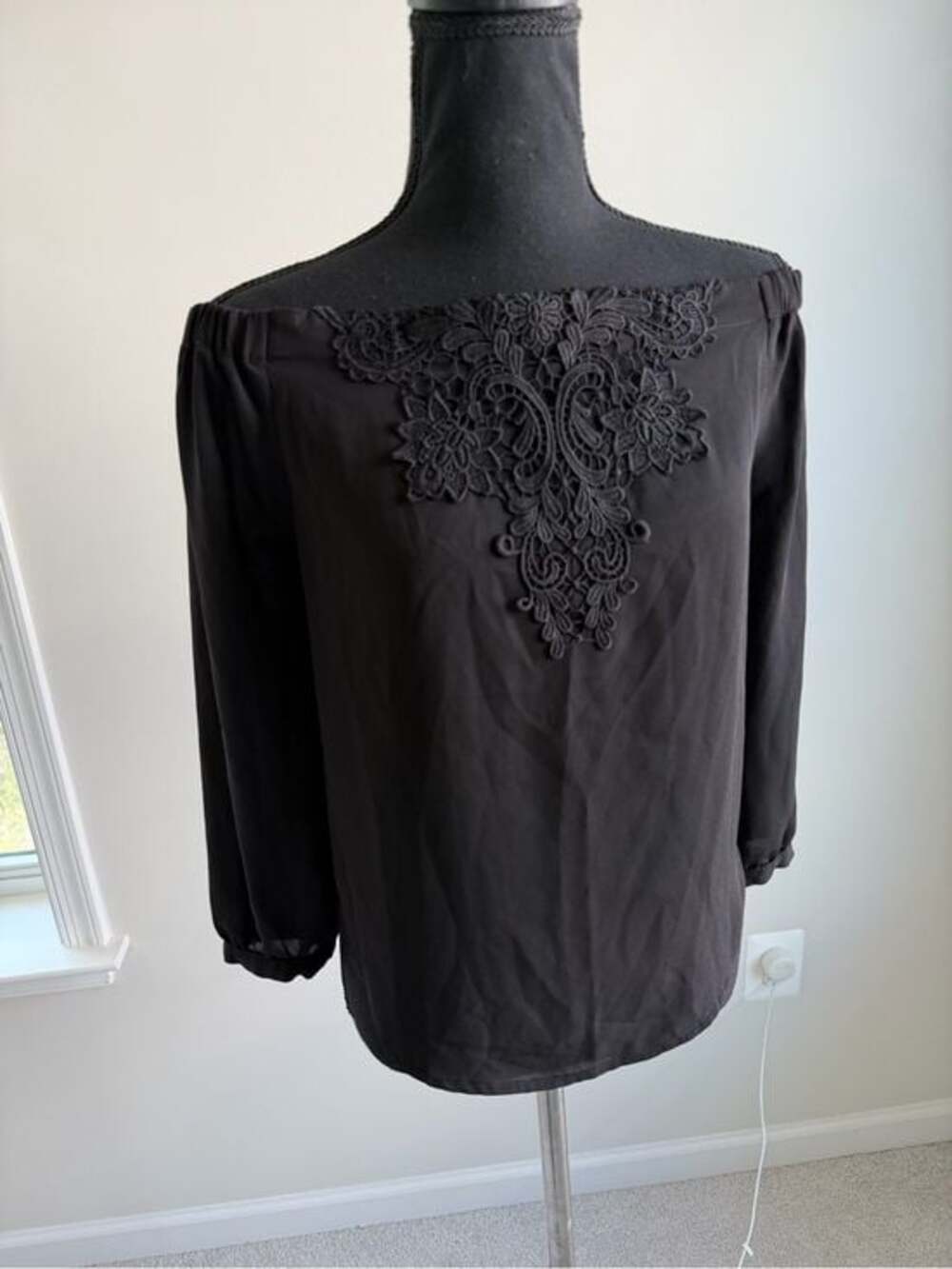Black Off Shoulder Lace Embroidered Blouse Boho Peasant Top